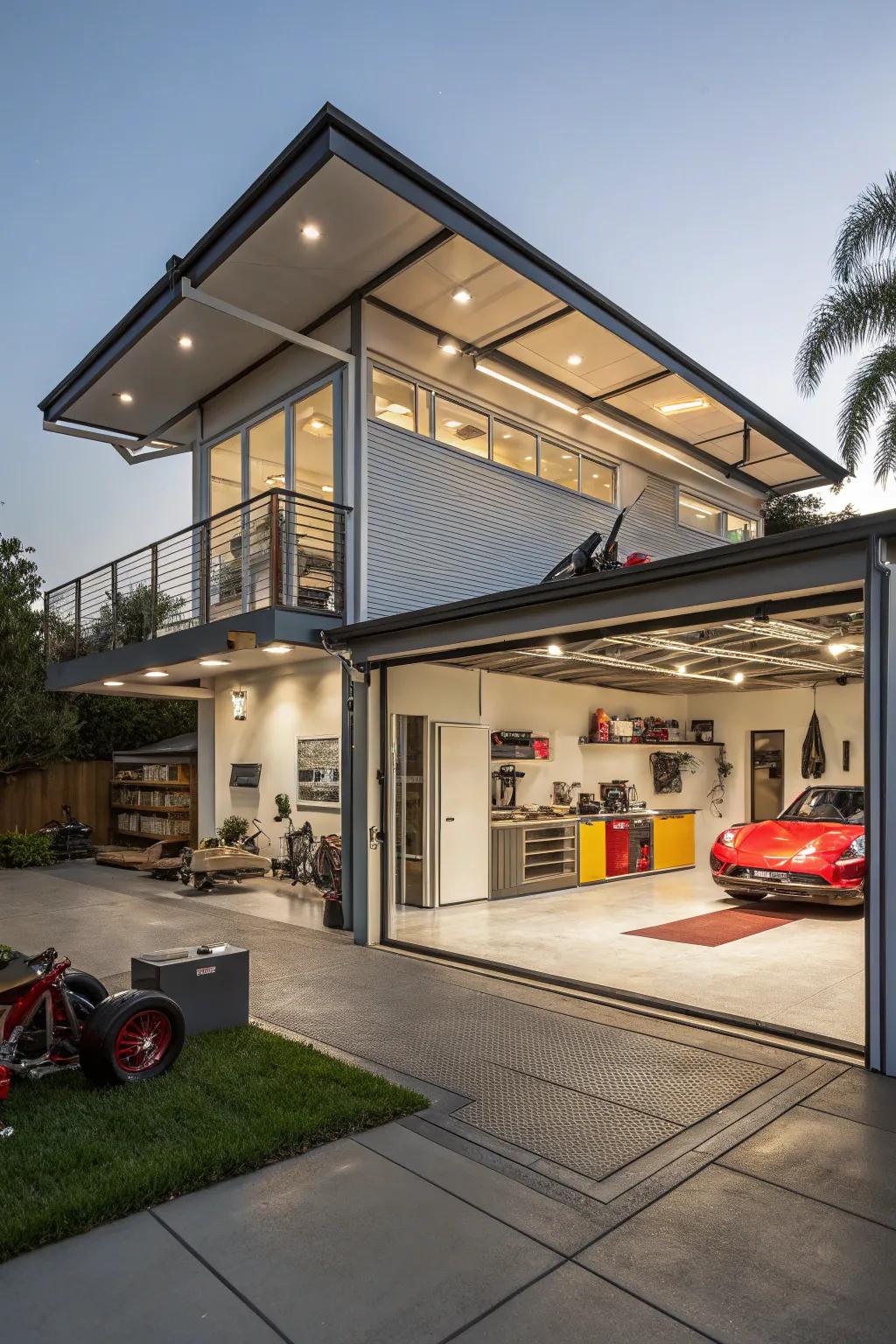 A dynamic multi-level roof addition offers inventive area utilization.