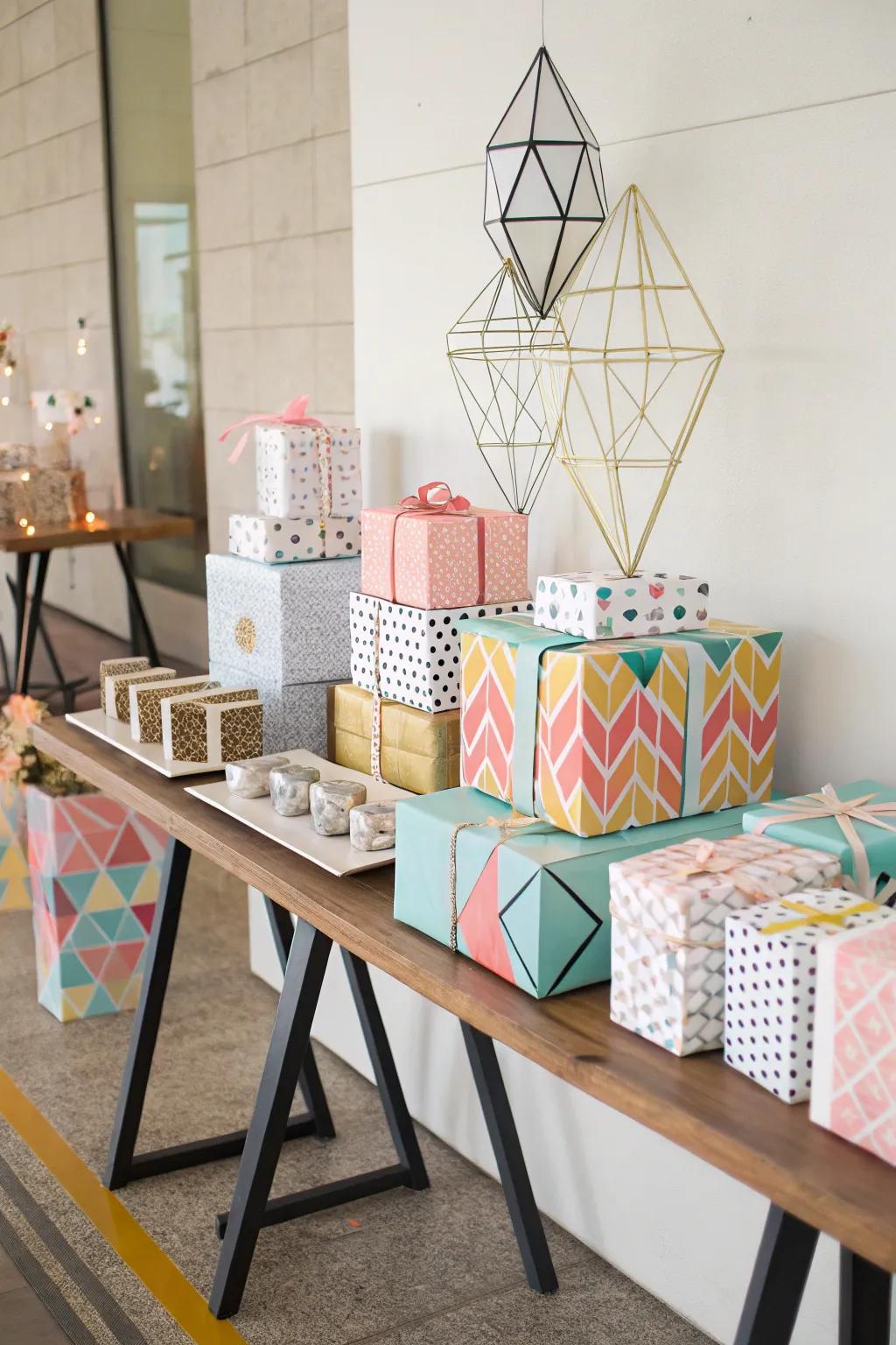 Introduce modern sophistication to your gift table with geometric shapes.