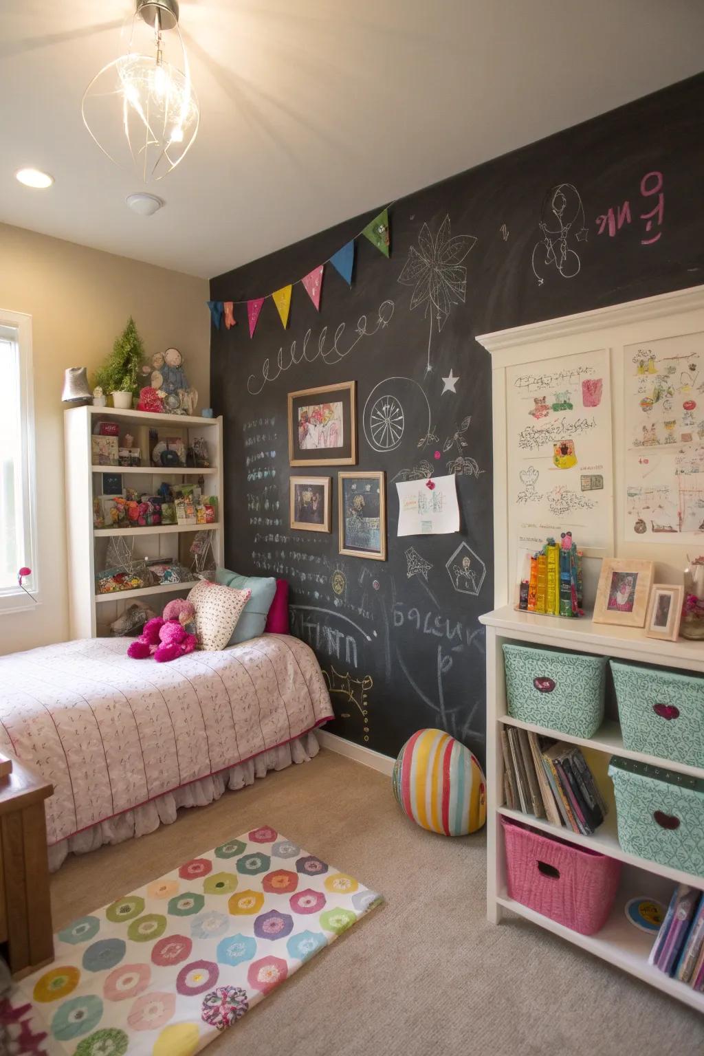 A chalkboard wall encourages creativity and personal expression.