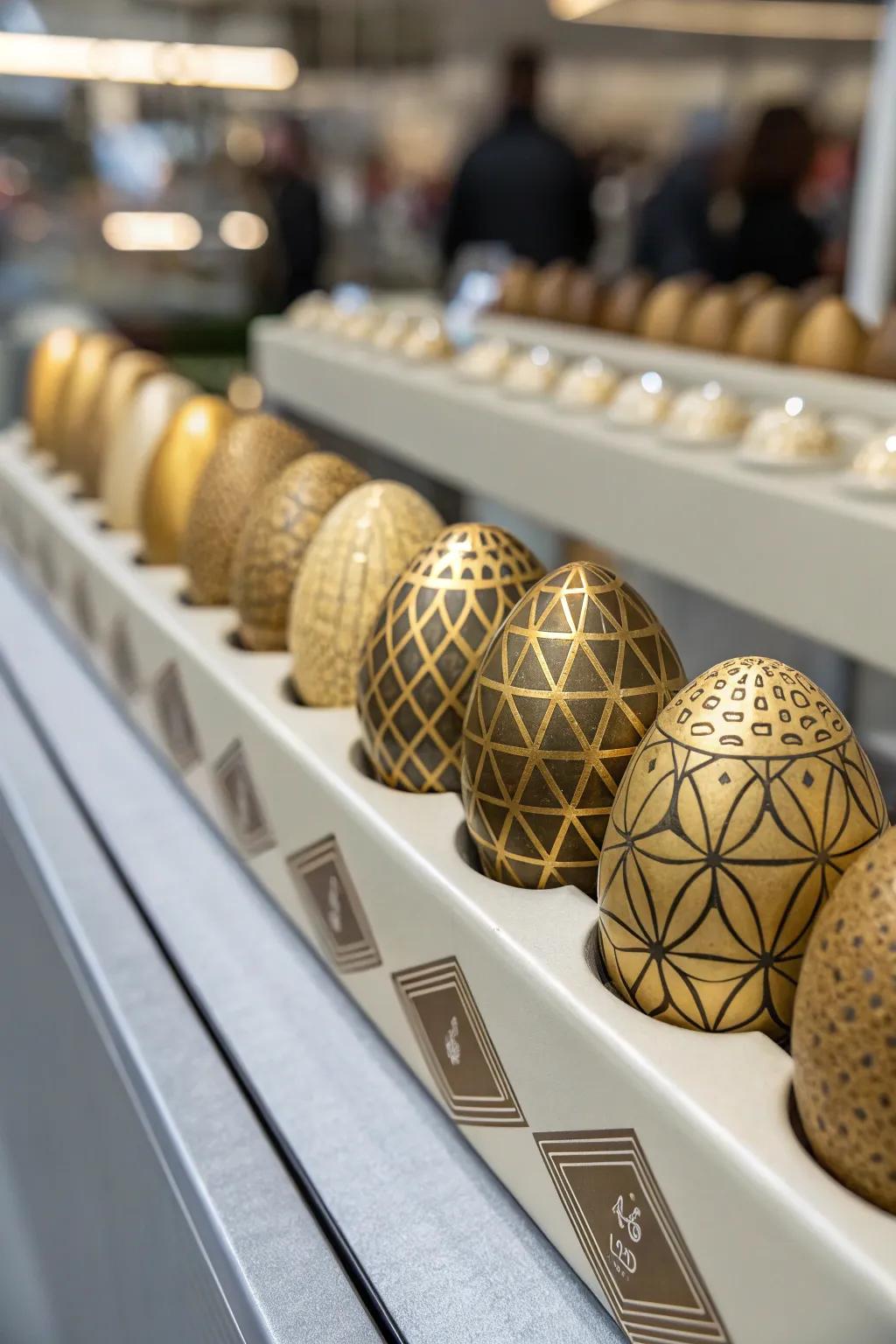 Gilded eggs with geometric elements provide a contemporary flair.