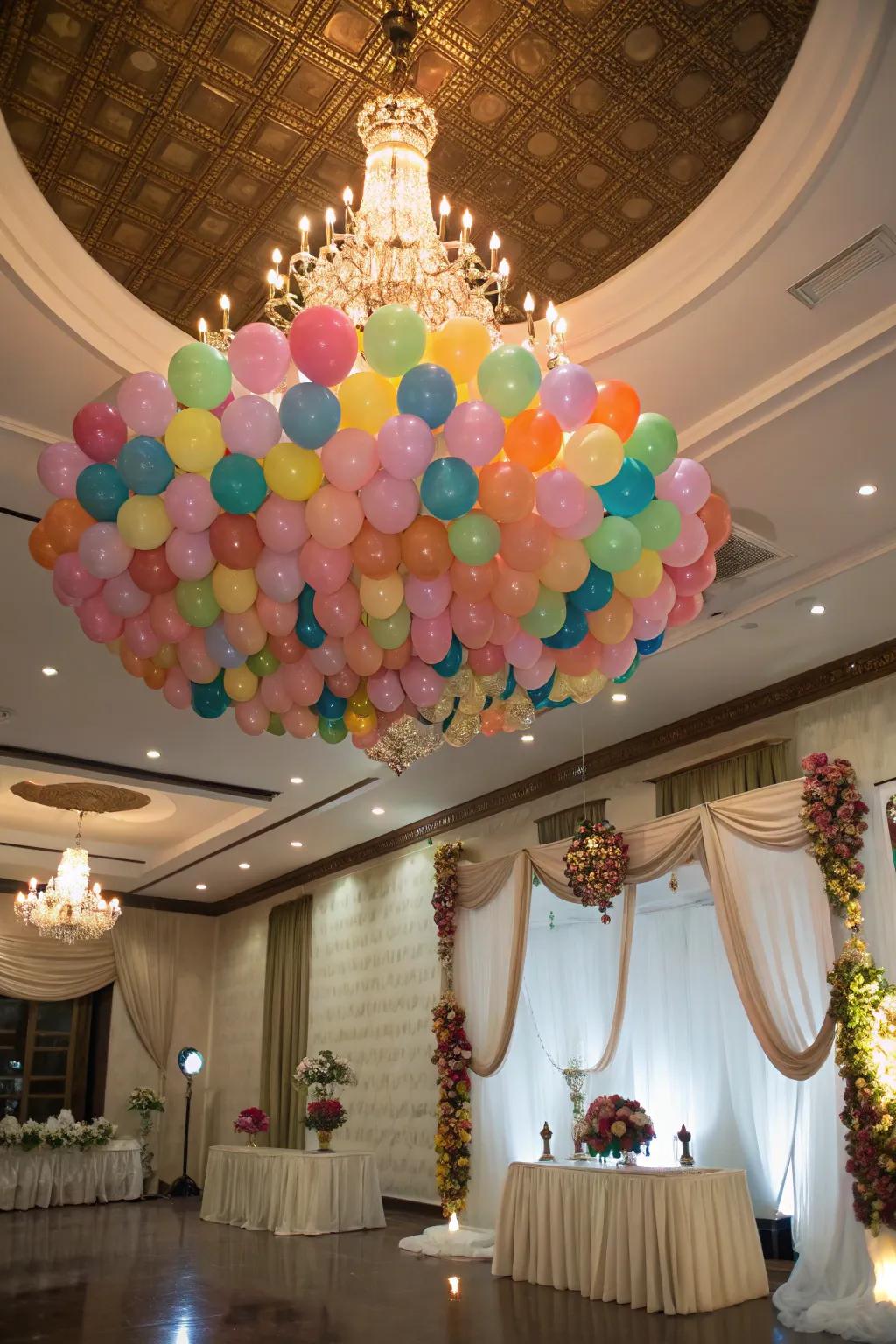 A balloon chandelier adds elegance to the event space.