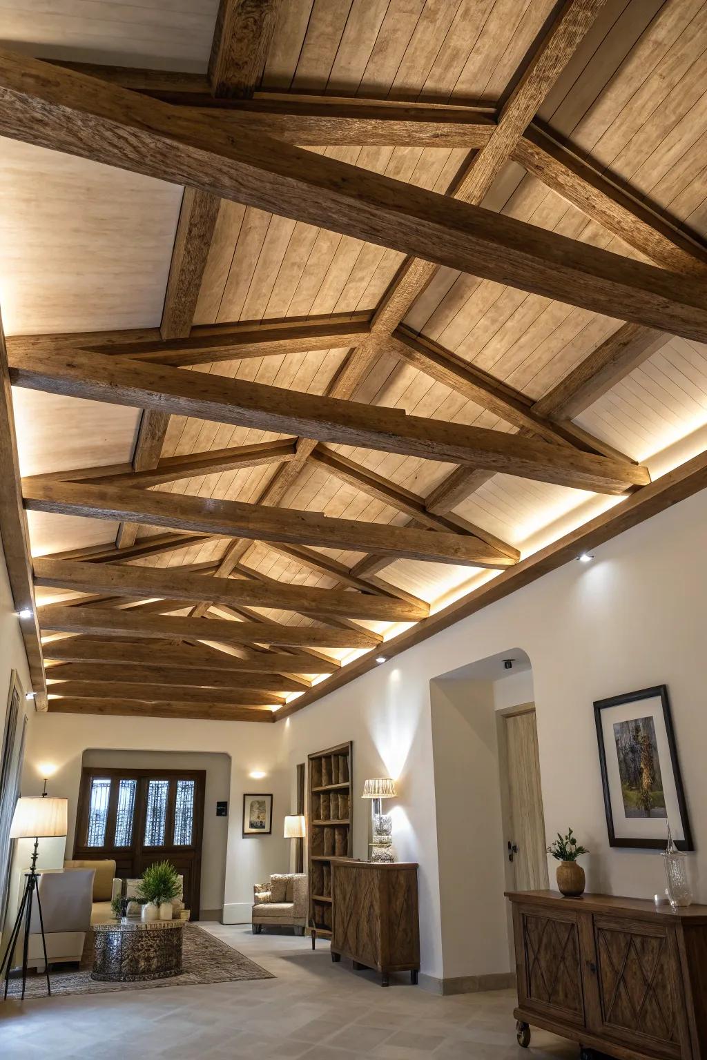 Layered beam designs add depth and become a room's focal point.