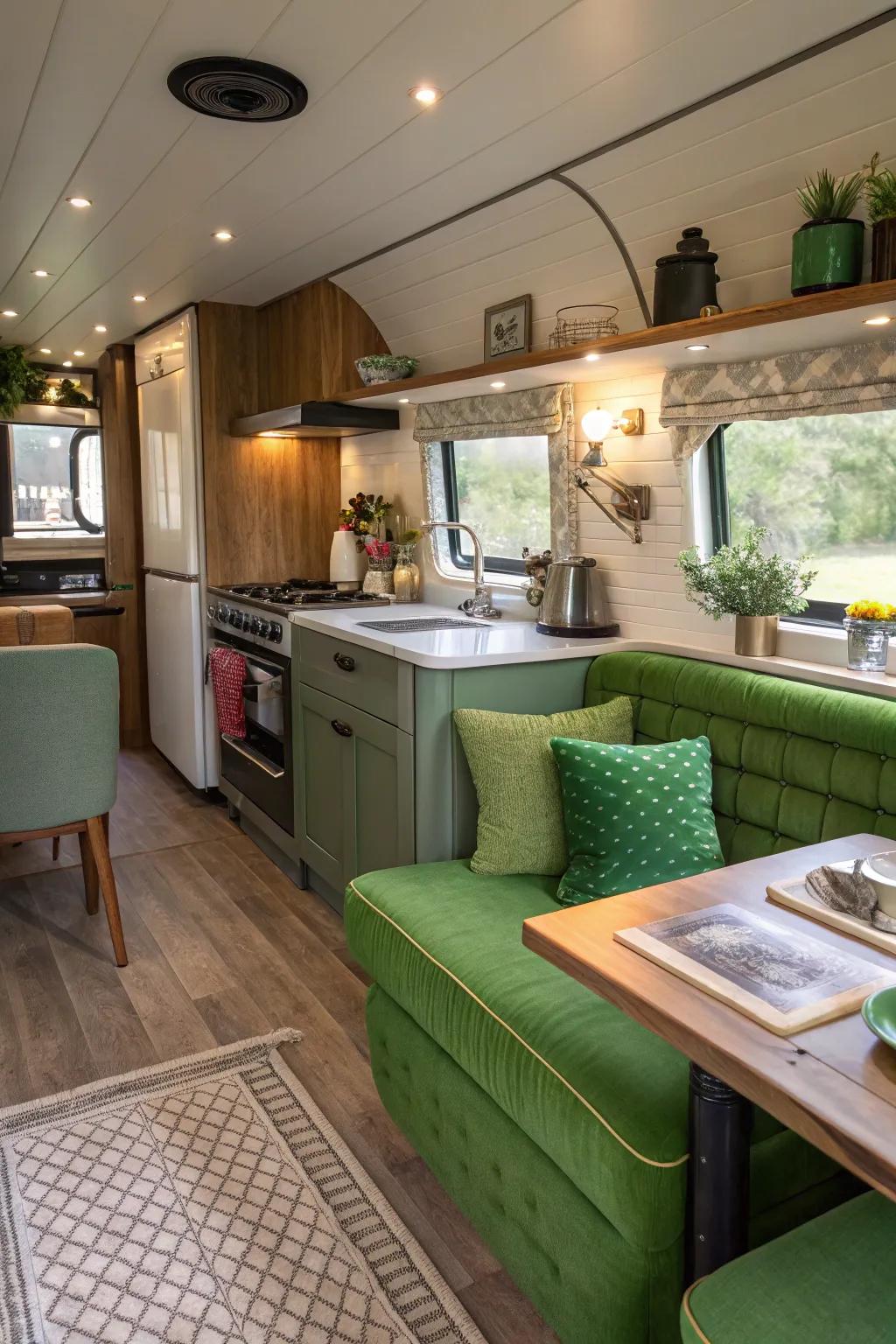 Green fabrics adding a unified element to the kitchen theme.