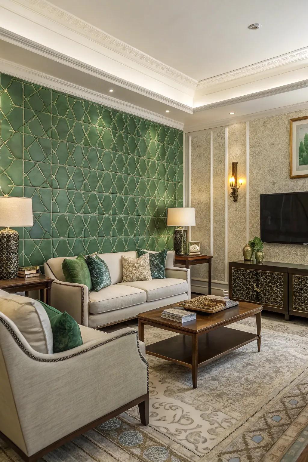 Verdant tiles introduce sophistication and texture to this living space.