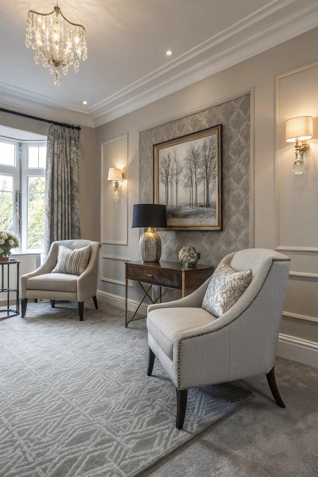 Blend-toned walls provide a versatile, neutral backdrop with gray carpets.