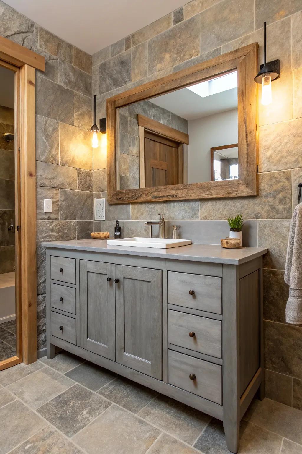 Natural elements like wood and stone add warmth to the grey vanity.