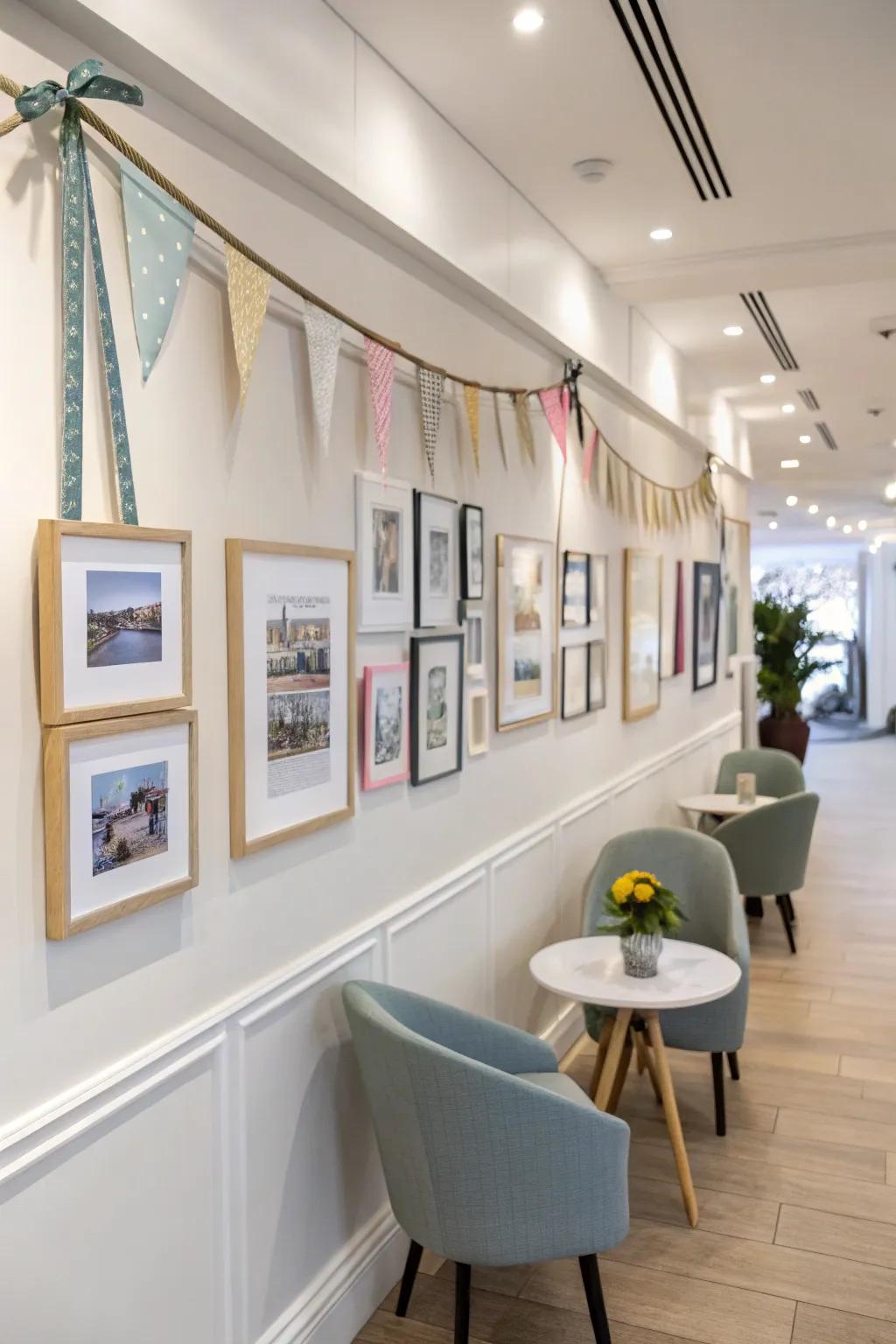 A sleek and modern picture rail with frames hung using decorative ribbons.