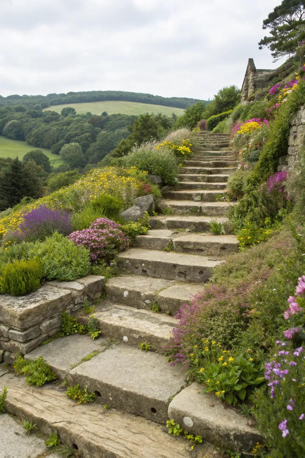 Paving slabs add grandeur and natural beauty to any slope.