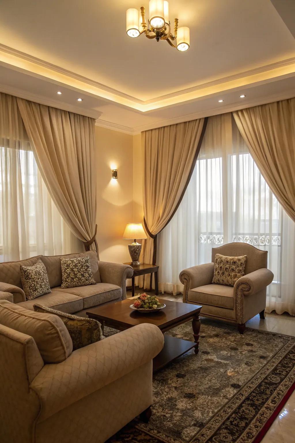 Dual-layer drapery provides adaptable light management and privacy.