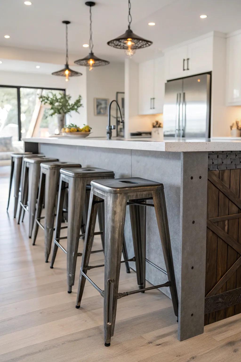 Industrial elements add a chic, modern twist to the island.