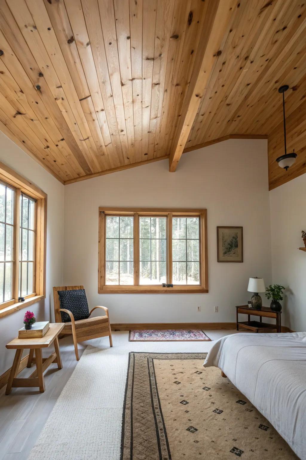 A minimalist room where the rough-sawn fir ceiling is the focal point.