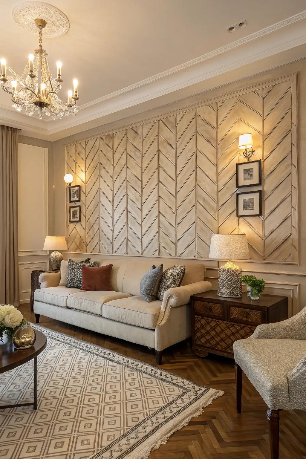 A herringbone pattern brings timeless elegance to this living room.