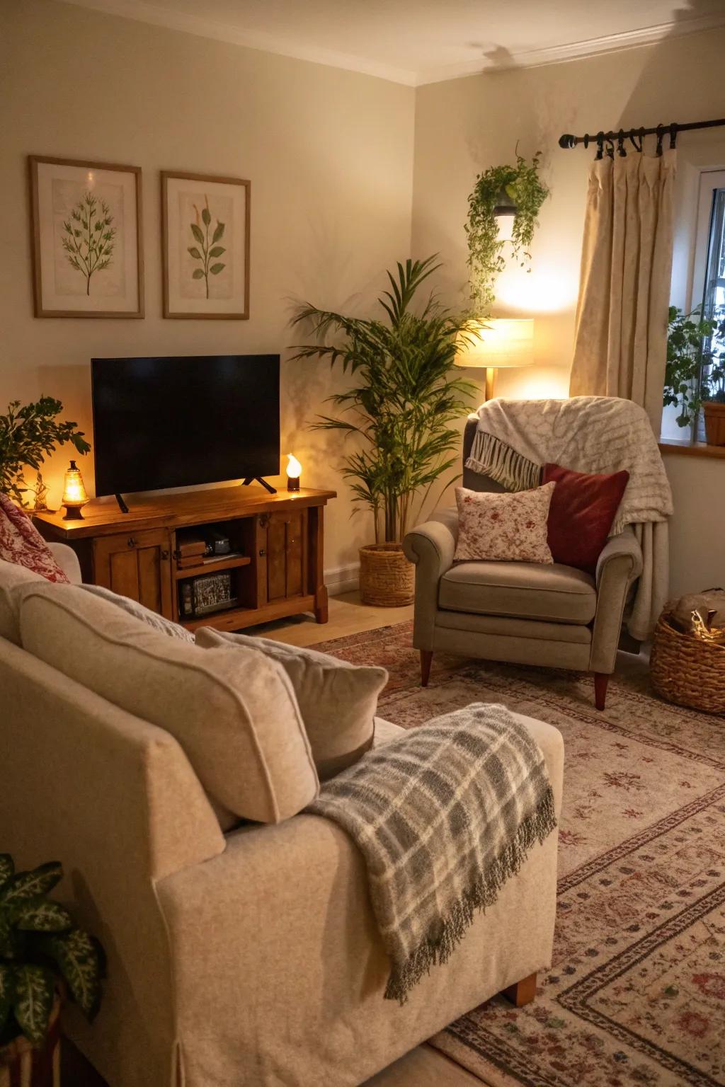 A cozy corner makes the TV area inviting and perfect for relaxation.