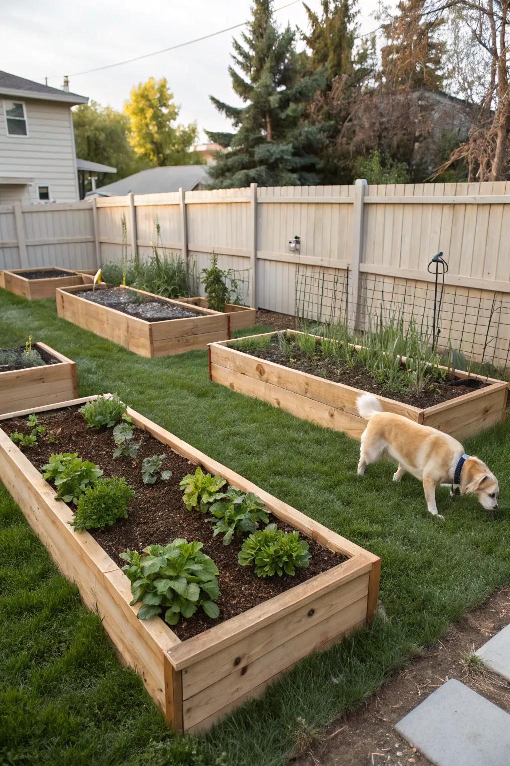 Elevated garden beds incorporating design and protection to the garden.
