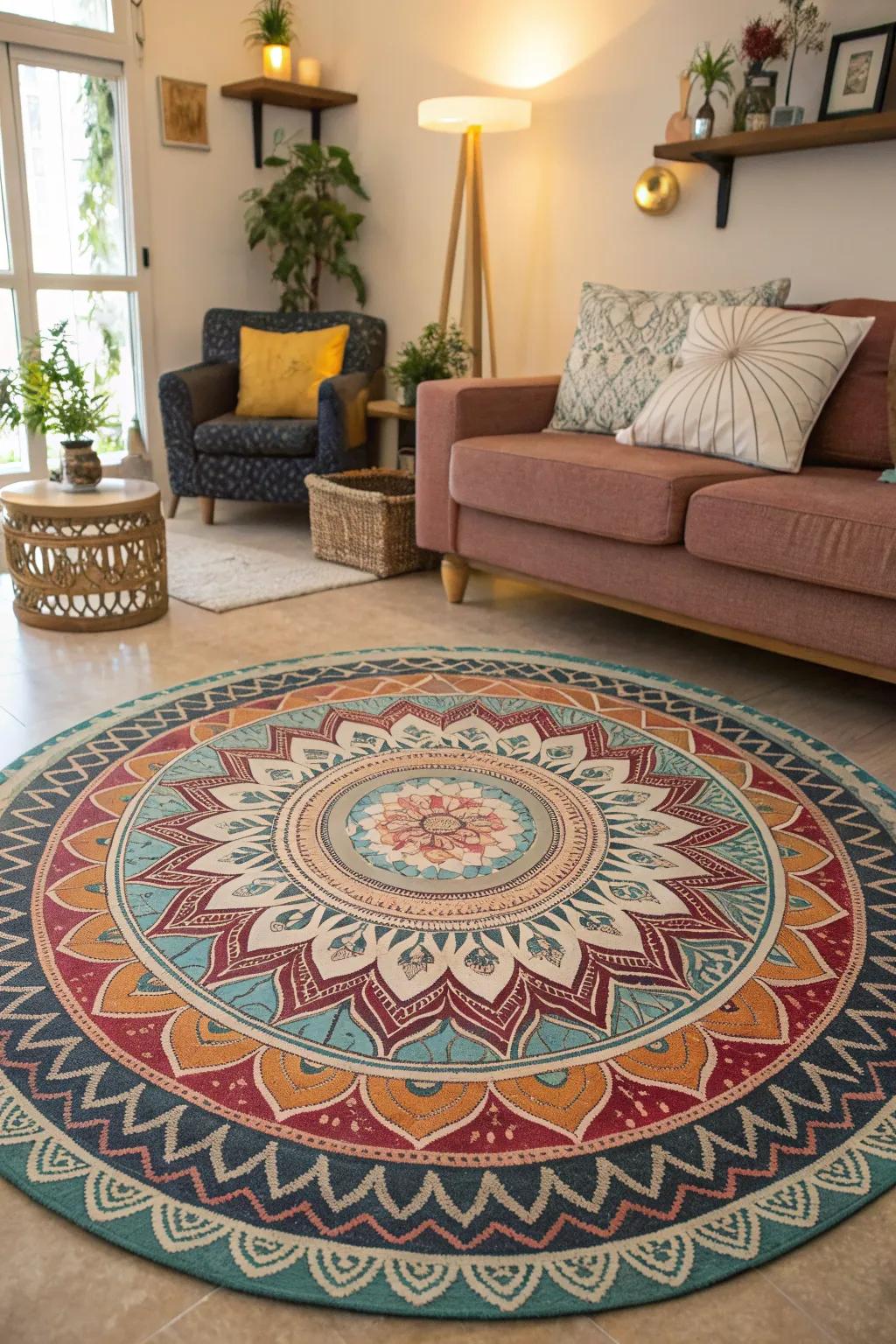 A pattern rug anchoring a living area with intricate designs.