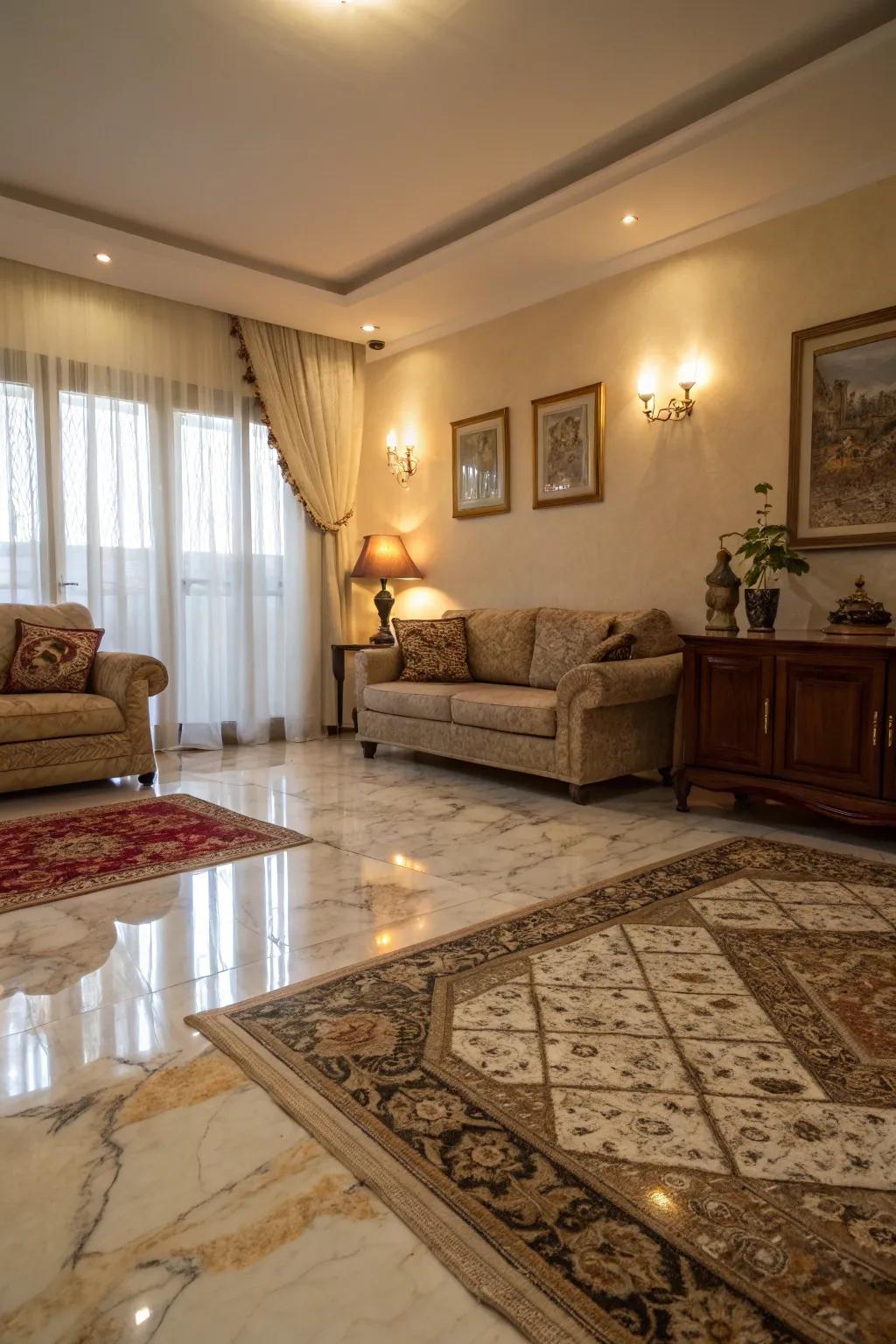 Area rugs impart warmth and comfort to marble floors.