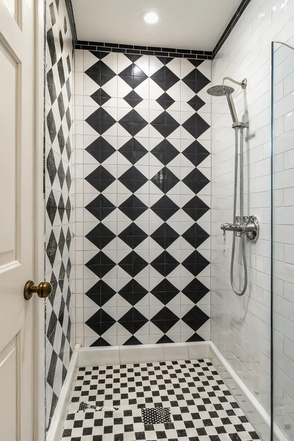 A shower featuring classic checkerboard patterned tiles for a playful, dynamic look.