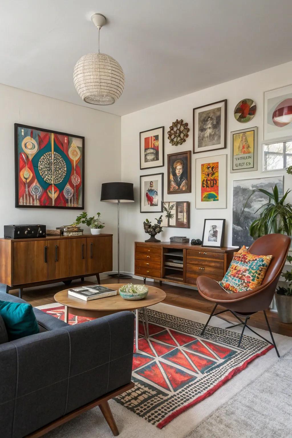 An eclectic mix of decor items adds a unique twist to this mid-century modern living room.