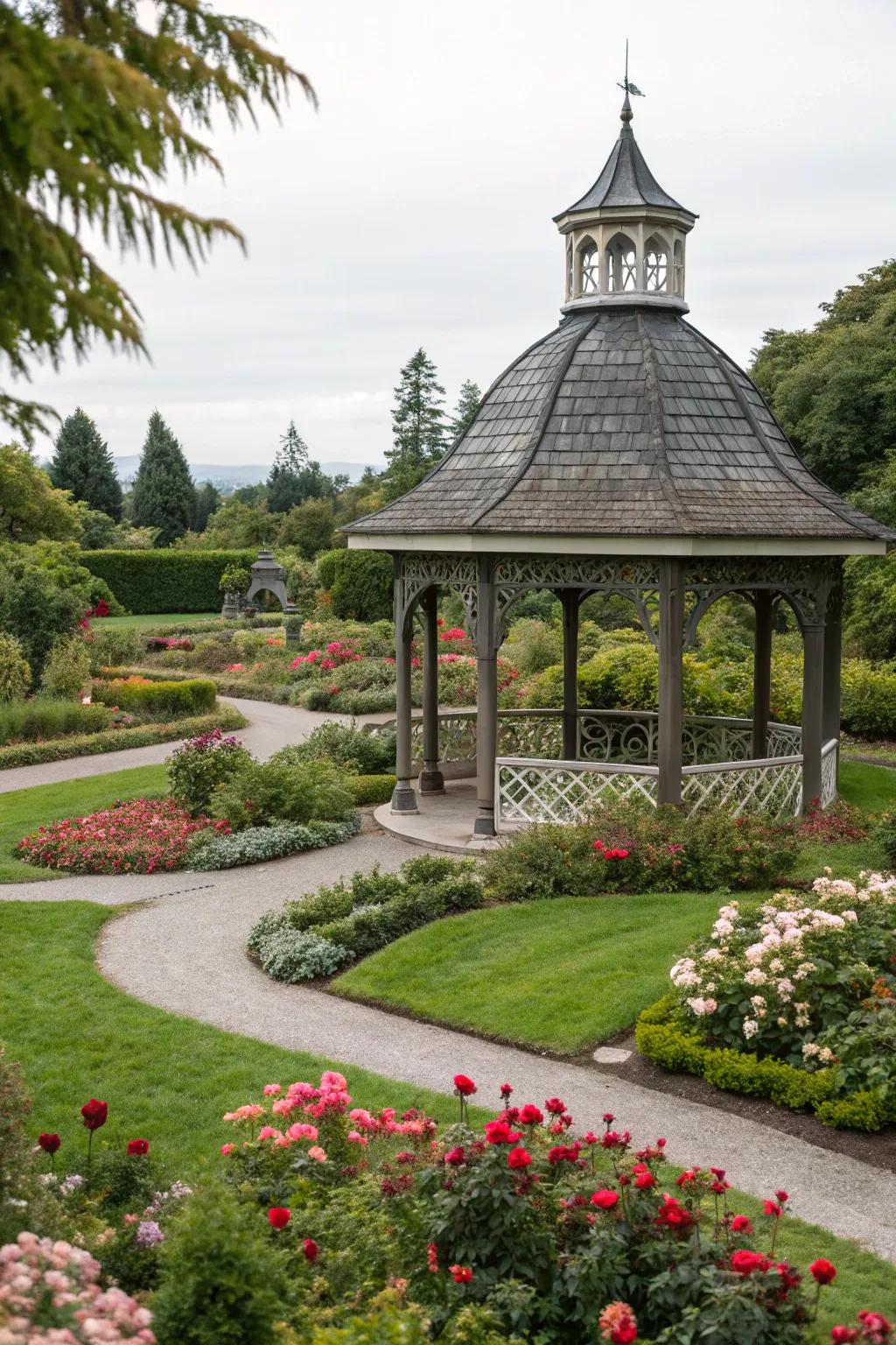 A gazebo with a bell-shaped roof adding architectural charm to the garden.