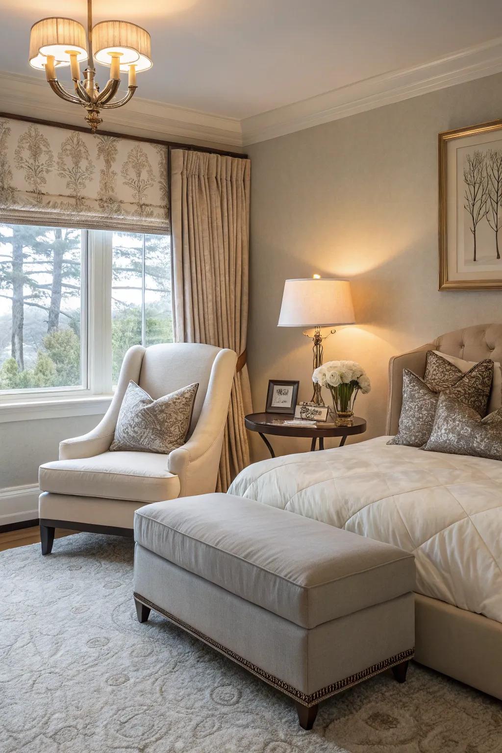 This bedroom's luxury is enhanced by a cozy seating area.