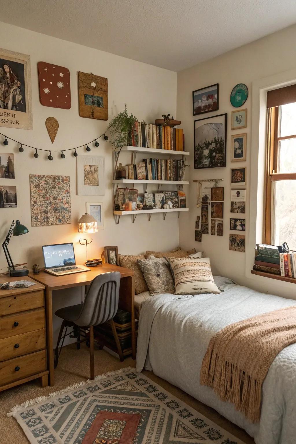 A bedroom with personal mementos and unique decor pieces.