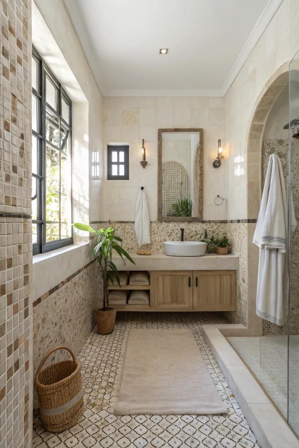 Neutral mosaic patterns add a unique twist to the bathroom.