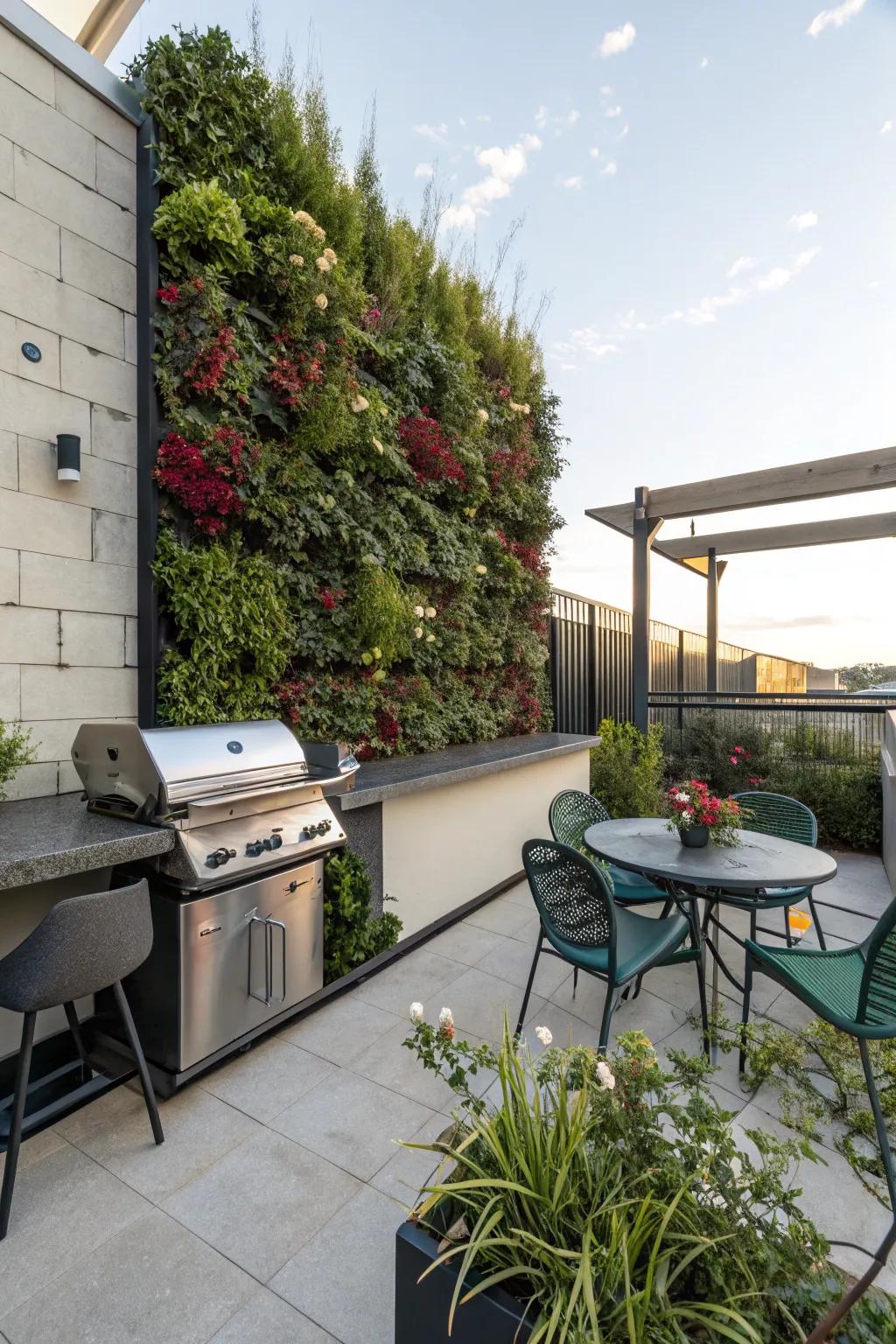 Vertical gardens bring life and color to compact BBQ spaces.