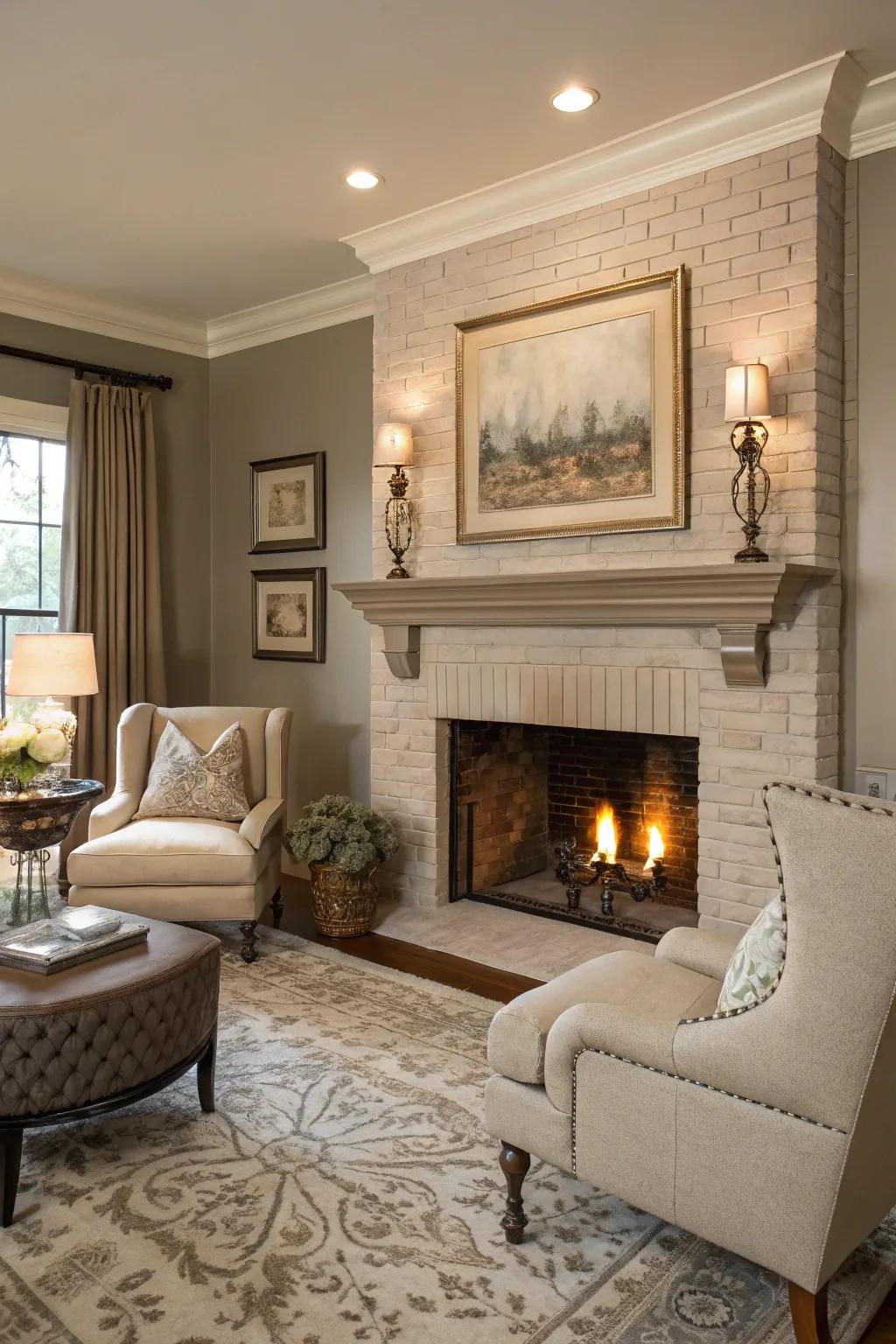 A taupe-painted fireplace offers timeless sophistication.