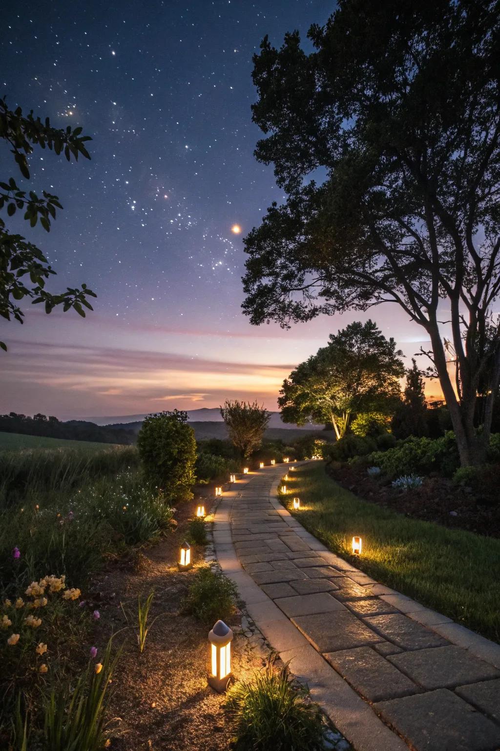 Sun-powered lights cast a warm glow over a garden path.
