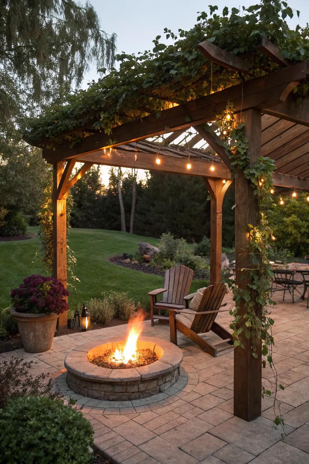 A blaze pit injects warmth and a subtle radiance.