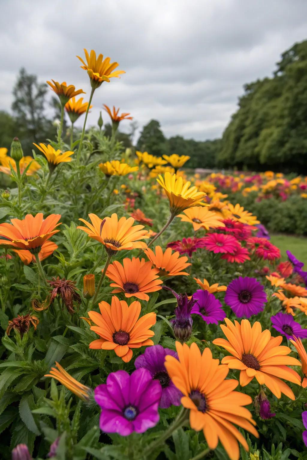 Sunset daisies and petunias orchestrate a radiant and striking garden display.