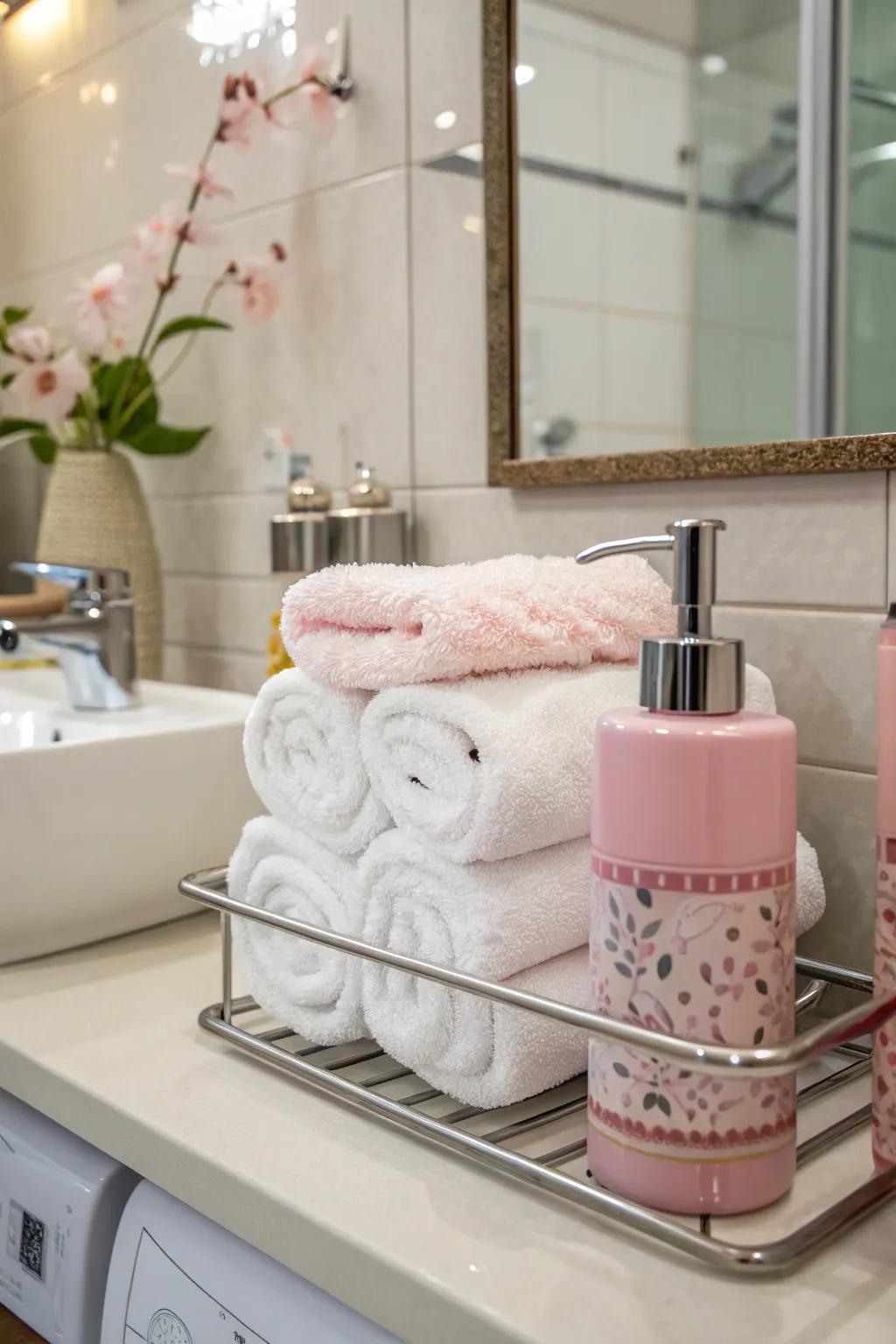 Rosy elements bring a festive sensation to the restroom.