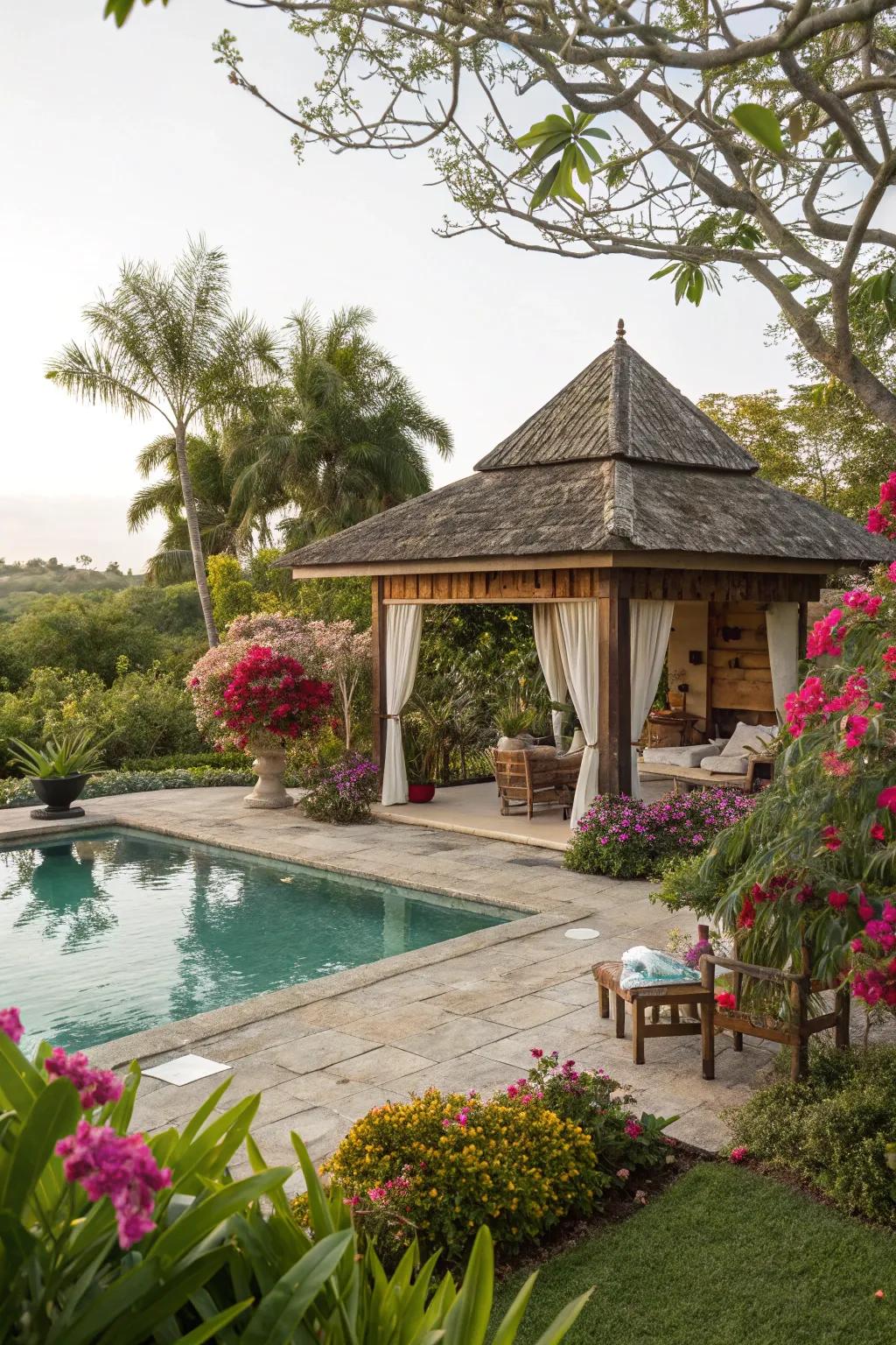 A garden cabana enveloped in lush, vibrant greenery.