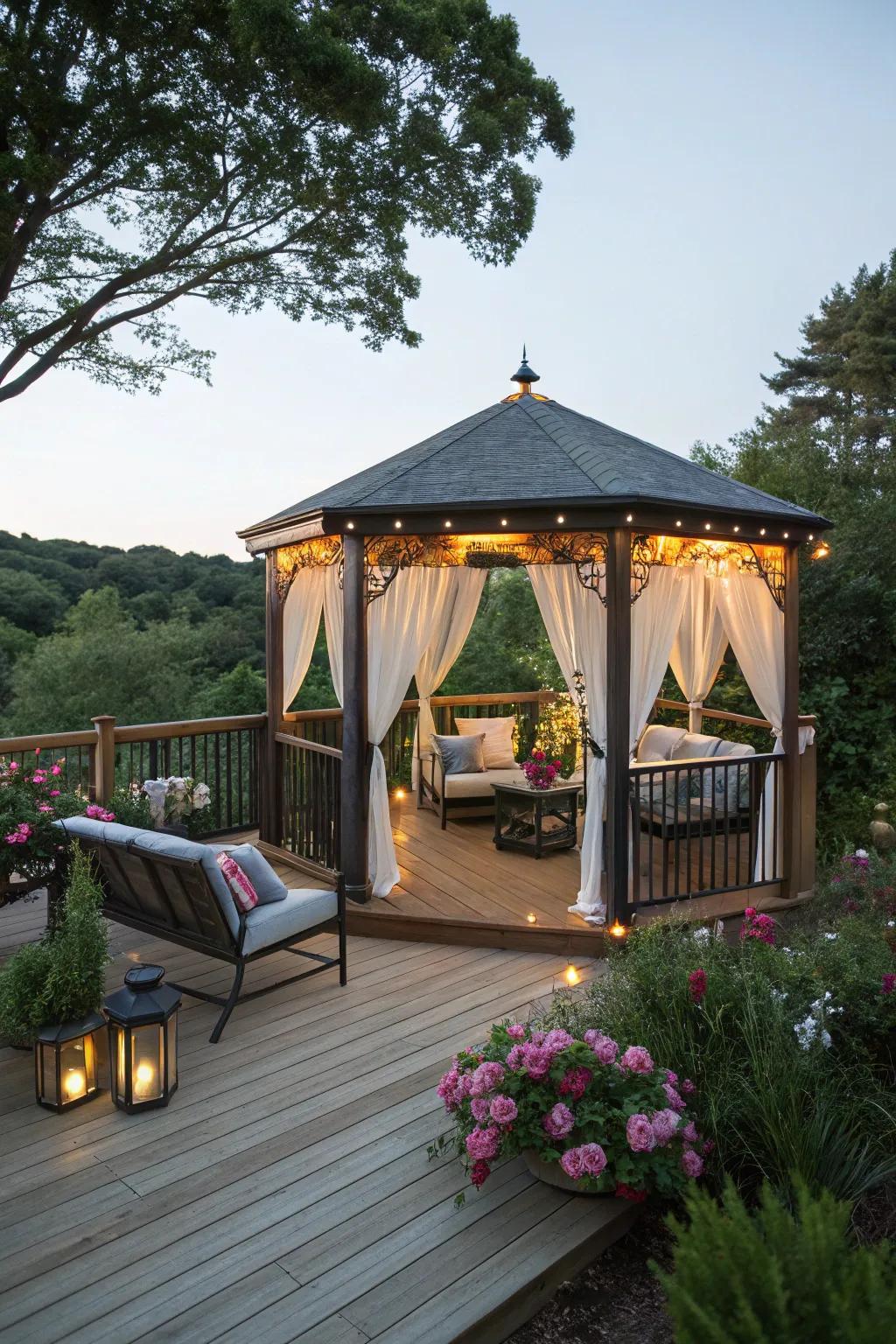 A comfortable pavilion offers solitude and an intimate setting on a deck.