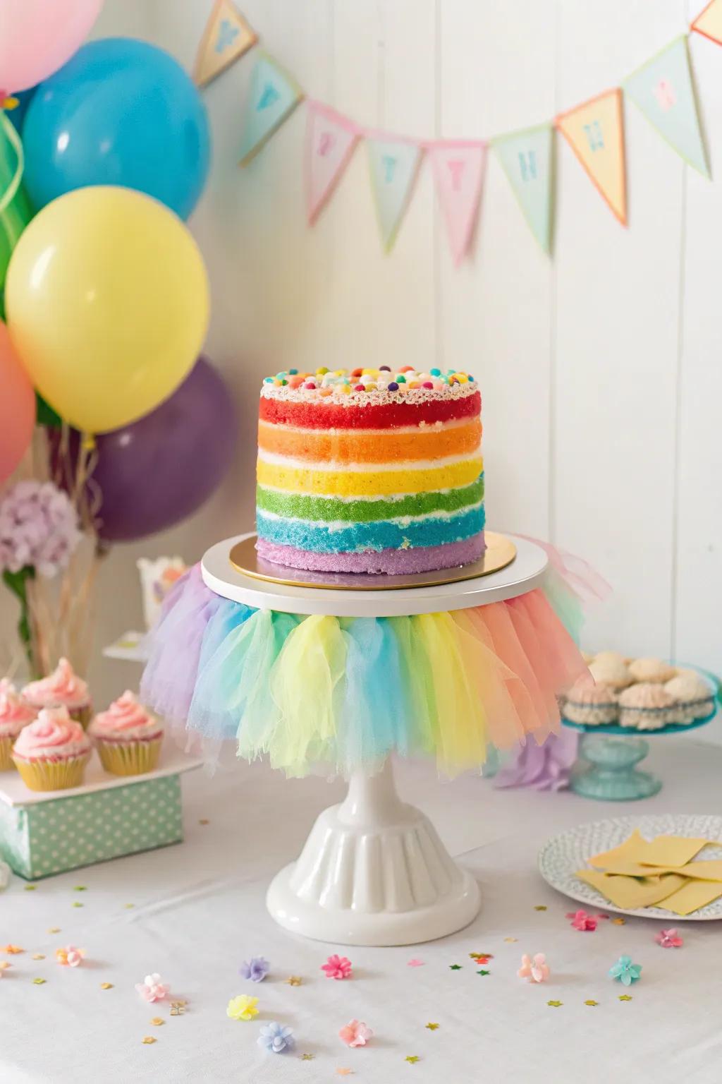 A netted fabric skirt confection display adds wonder and flair to every confection.