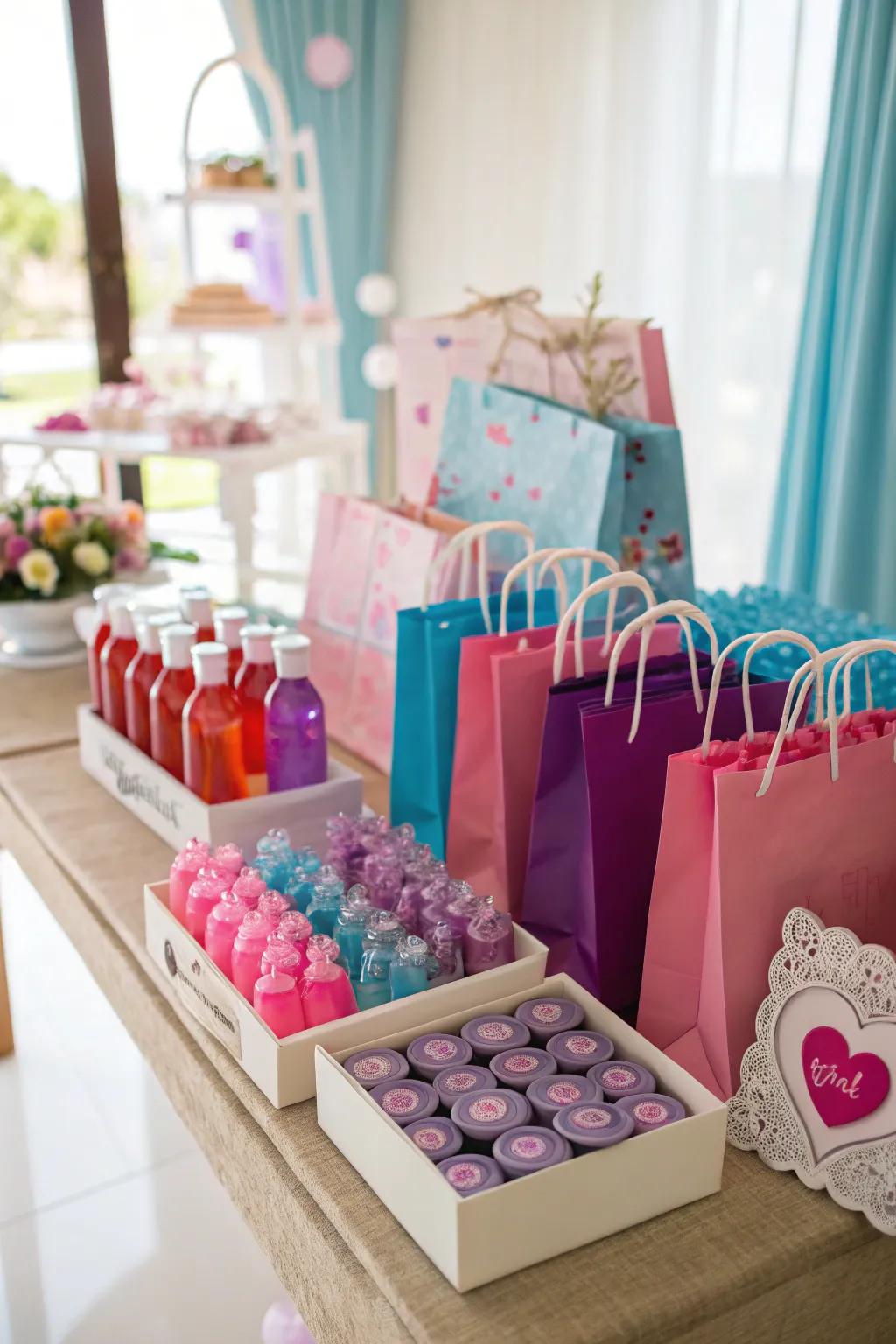 A table laden with vibrant wedding tokens for attendees.