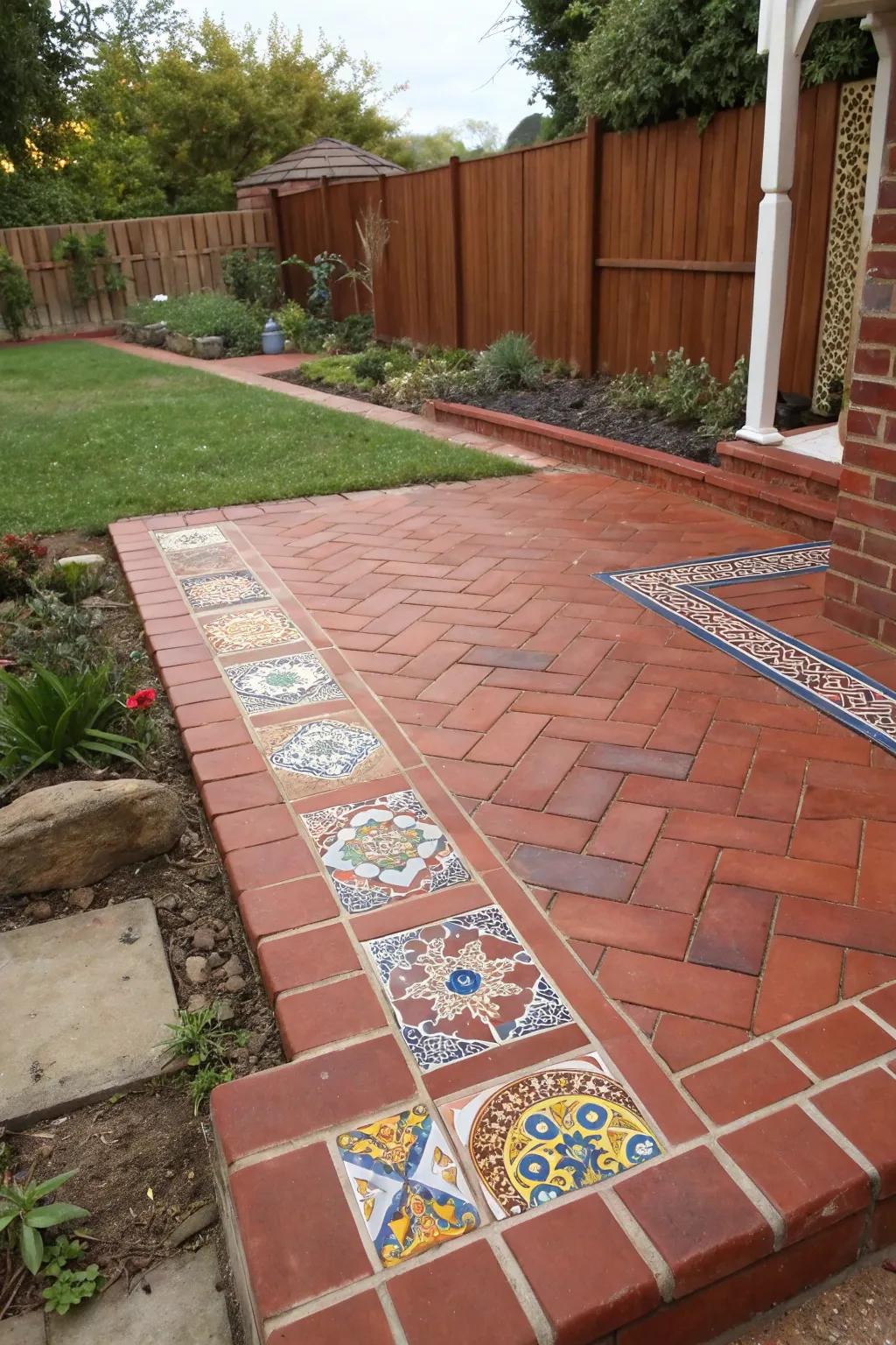 A red brick patio accented by colorful tile inserts