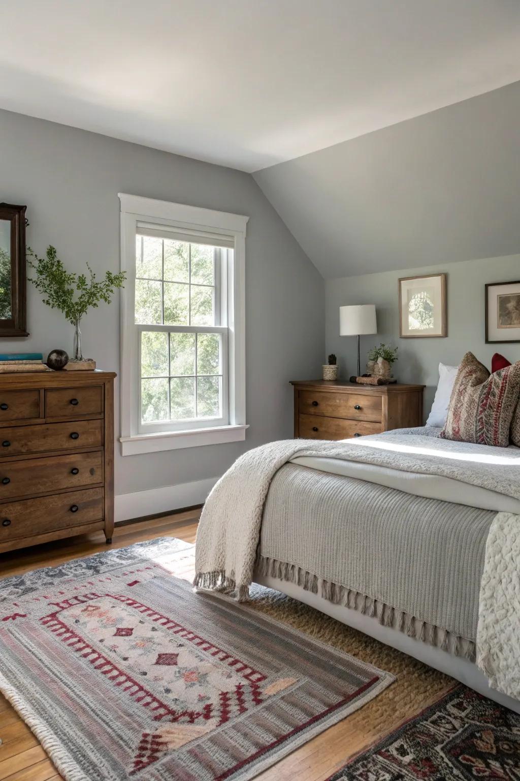 Layered rugs add comfort to a Stone Echo bedroom.