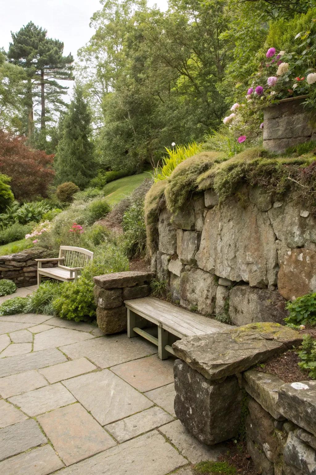 Built-in seating with stone walls offers function and charm.