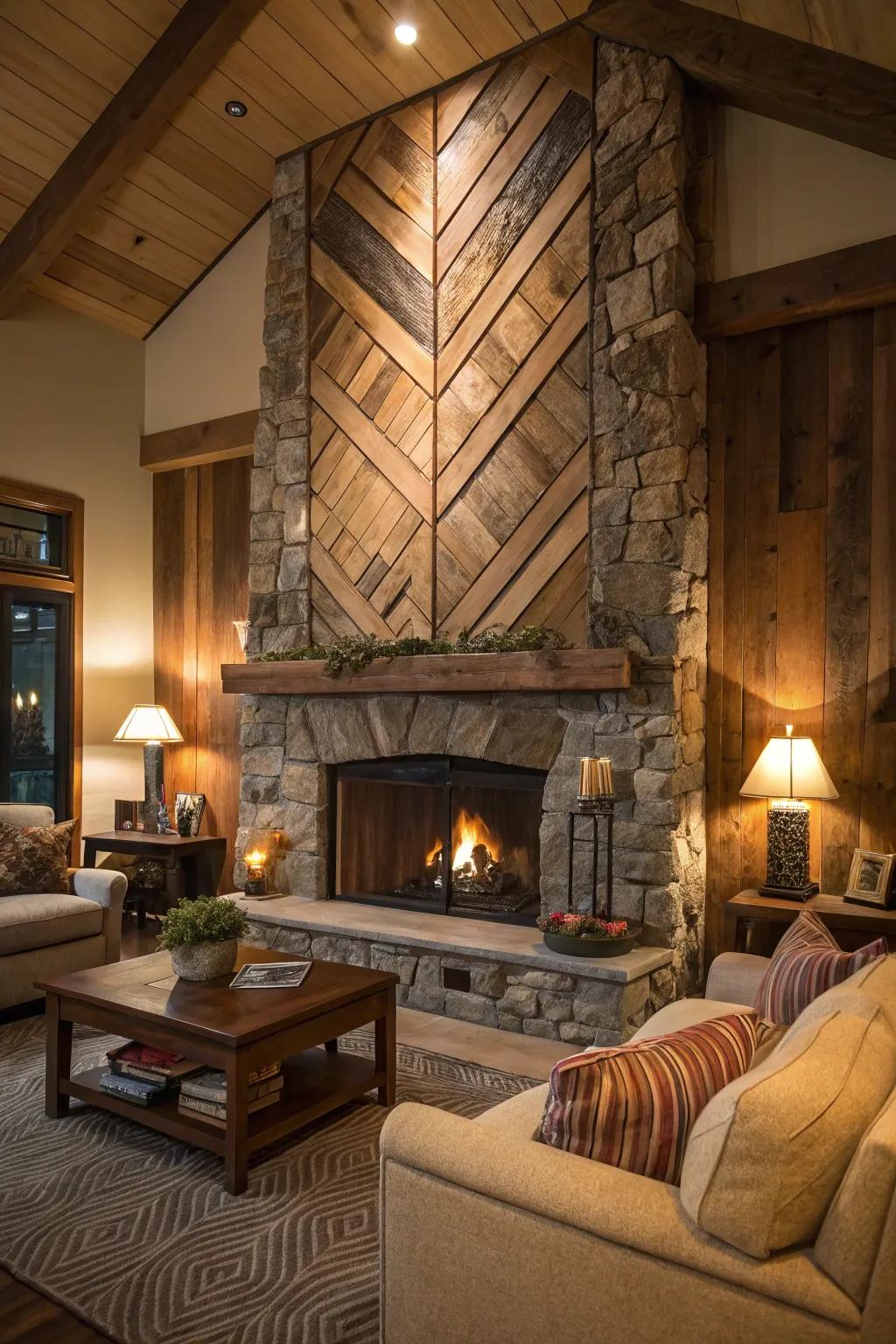 A feature wall creates a stunning backdrop for this rustic fireplace.