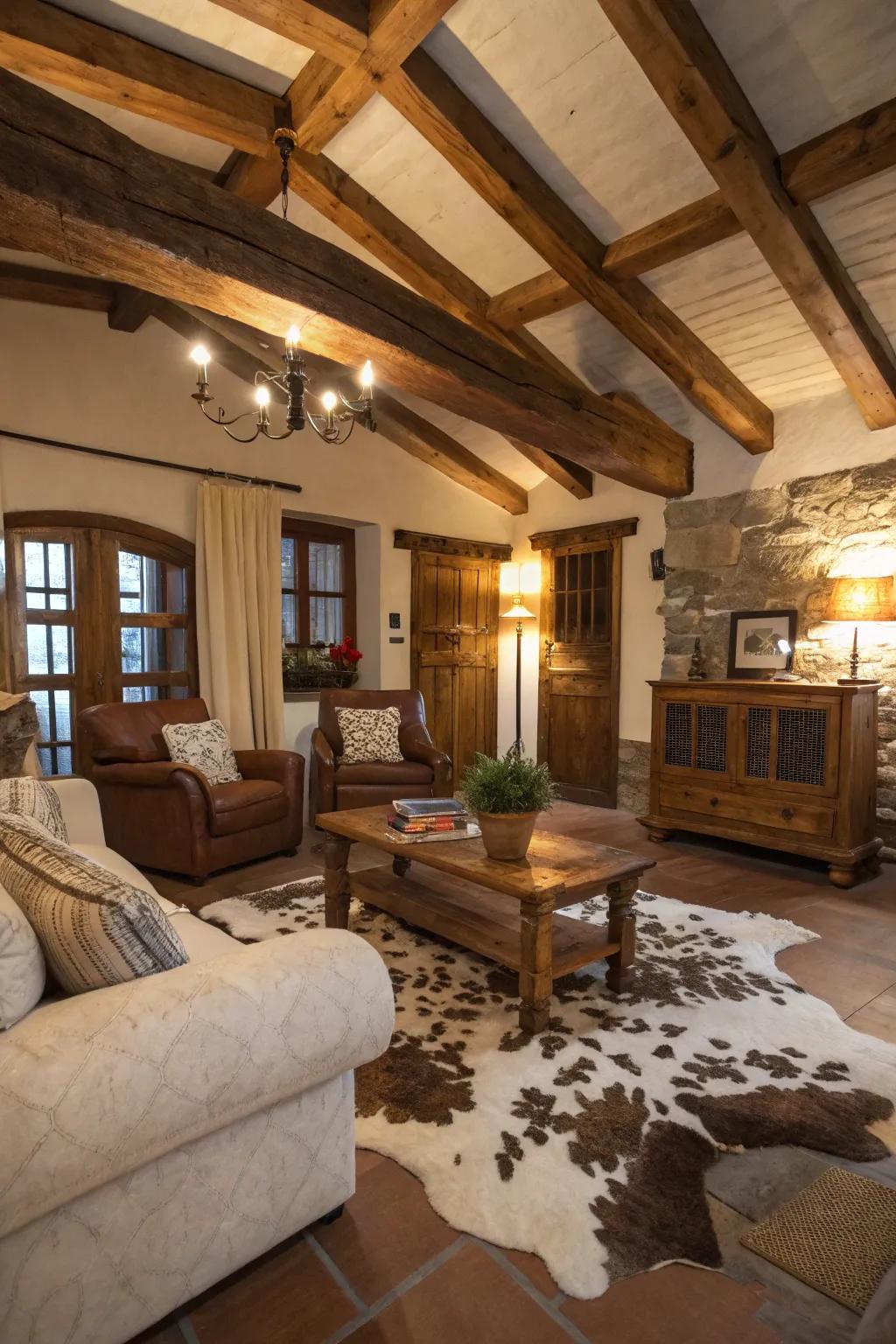 Cowhide ground coverings inject texture and a countryside edge to living spaces.
