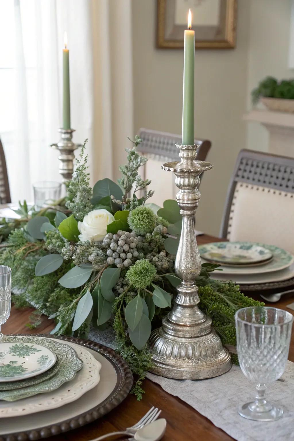 Sage green paired with silver crafts a streamlined and elegant spectacle.