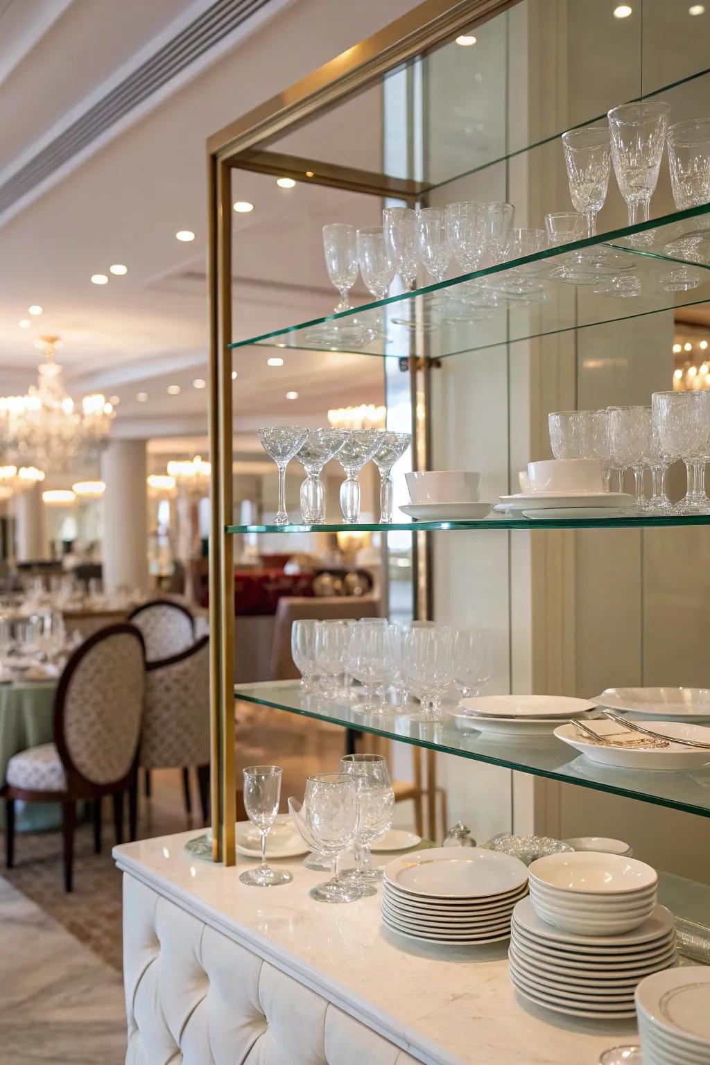 Glass shelves add a luxe touch to the dining room decor.