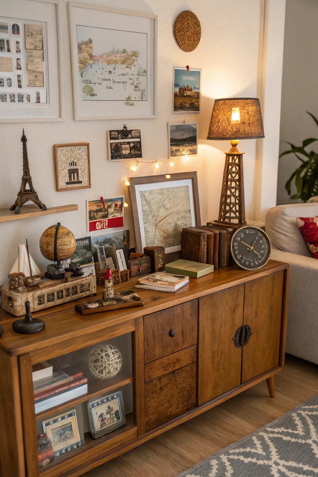 An eclectic collection on a sideboard adds a personal narrative and charm.