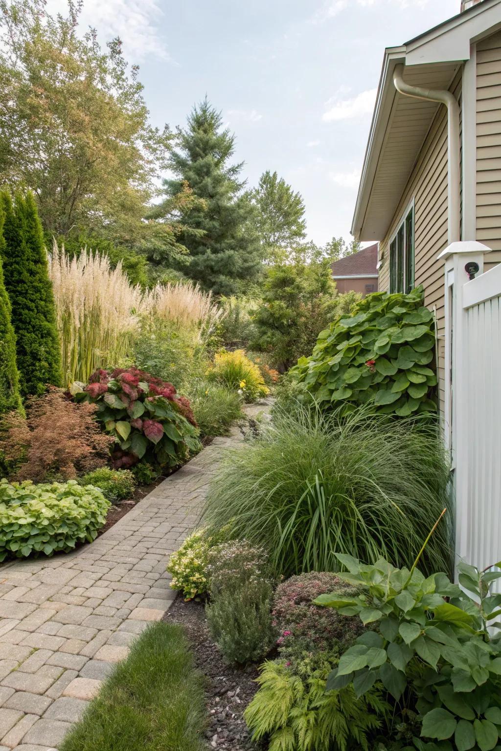 Layered planting adds depth and interest to narrow side yards.