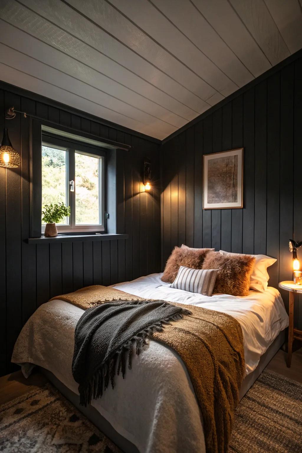 A small bedroom styled with dark hues to evoke a cocooning, intimate atmosphere.