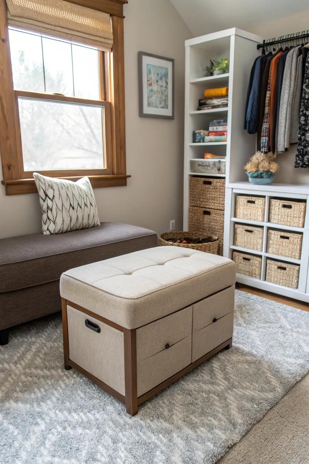 Multi-functional furnishings maximize utility in this compact cigar space.