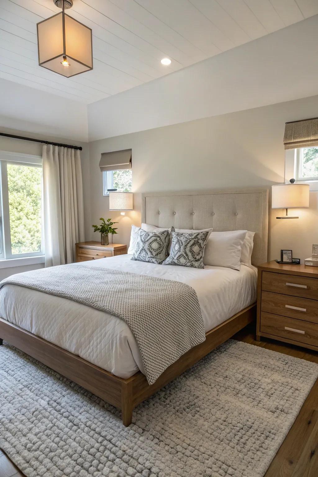 Suspension bedside platforms liberate area within a compact primary bedroom.