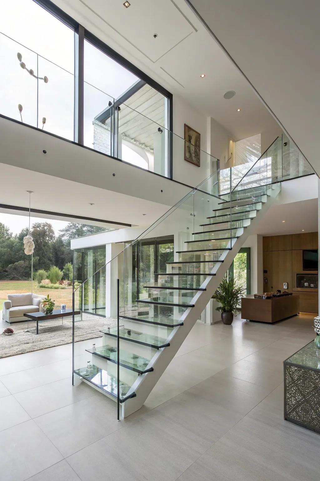 The incorporation of a suspended staircase can make a striking statement and amplify the sense of space.