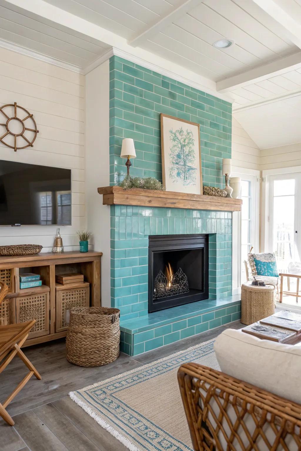 Turquoise strip tiles inject a refreshing twist into this coastal living room.